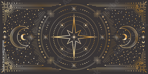 Vector celestial background with ornate outline geometric frame, star, moon phases, dotted radial circles and crescents. Mystic golden linear banner with magical symbols. Cover for tarot card