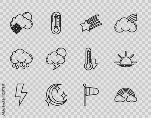 Set line Lightning bolt, Rainbow with clouds, Falling star, Moon and stars, Cloud snow sun, Storm, Cone meteorology windsock wind vane and Sunrise icon. Vector