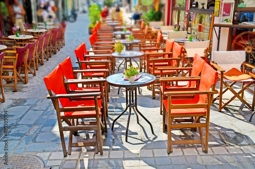 talbes chairs cafe in ioannina city greece spring season