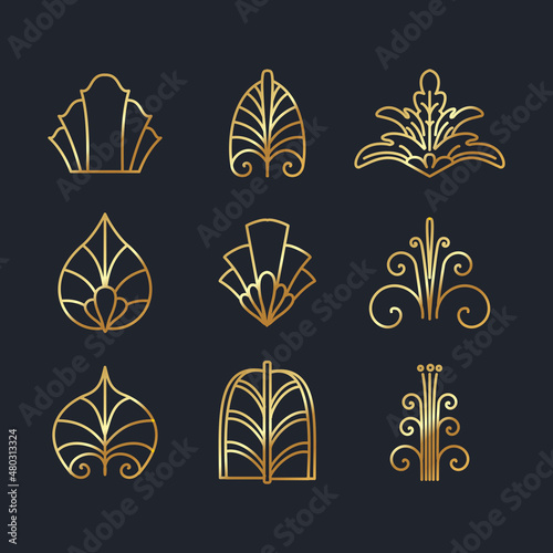 Beautiful set of Art Deco, palmette ornates from 1920s fashion and design trends vector 