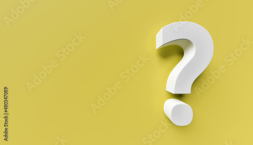 White question mark on yellow background. 3d rendering. Copy space on the left