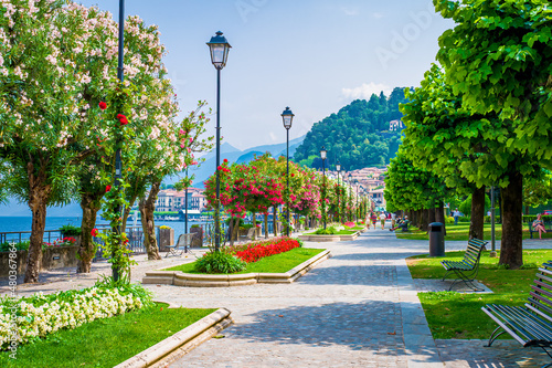 Bellagio borgo on Lake Como, Italy. Romantic scenery of coast and lakefront, the town is famous for popular luxury resort, stores, narrow streets and alleys.