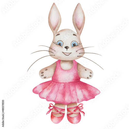 Watercolor illustration of hand painted beige bunny hare, rabbit in dance studio in pink dress, ballet shoes. Cartoon animal character. Isolated clip art for children fabric textile prints, poster