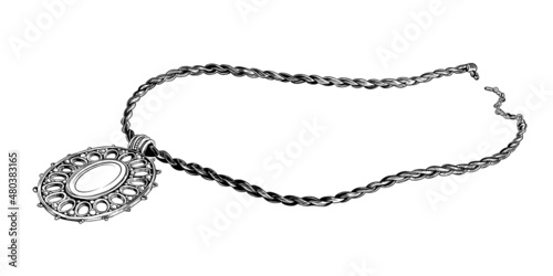 Vector drawing of a necklace with a pendant. Hand drawn linear illustration of a jewelry. Isolated jewelry accessories.