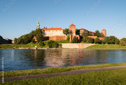 Wawel Hill Kraków with the famous Royal Castle. Located on the bank of the Vistula River (Wisła) in the Old Town district. UNESCO World Heritage Site in Krakow, Poland.
