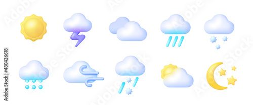 3d weather 3d for web background design. Icon set cloud weather. 3d vector realistic objects. Vector illustration design element set. Isolated objects