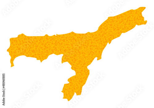 Vector Golden map of Assam State. Map of Assam State is isolated on a white background. Golden items texture based on solid yellow map of Assam State.