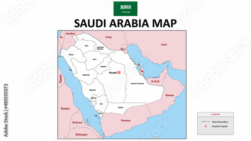 Saudi Arabia Map. Political map of Saudi Arabia. Saudi Arabia map with neighboring countries names and borders.