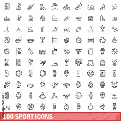 100 sport icons set, outline style