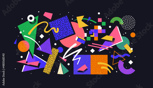 Colorful 90s style geometric shape set. Trendy flat cartoon illustration collection with retro decoration. Nostalgic zig zag lines, triangle element and 80s fashion texture.