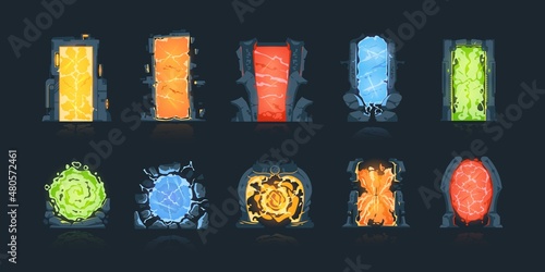 Cartoon portals. Magic fantasy game teleports. Circle and square teleportation doors. Archway or doorway with colorful lighting auras. Vector gates set for transition between dimensions