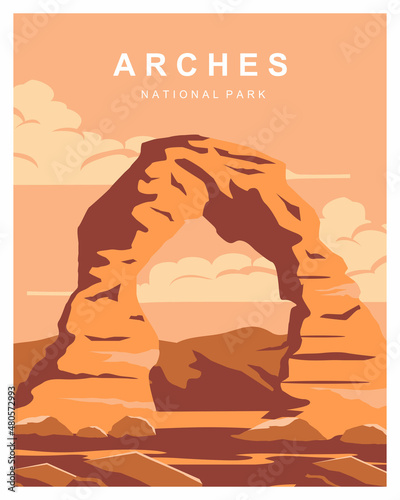 Arches national park outdoor adventure background illustration. Travel to Arches National Park in Eastern Utah, United States. Flat Cartoon Vector Illustration in Colored Style.