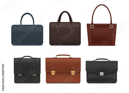 Realistic briefcase collection vector illustration. Stylish business accessories for paper documents