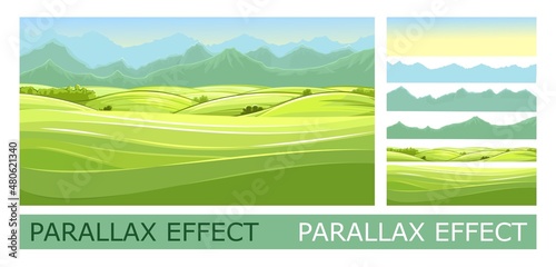 Countryside landscape with vegetable gardens and pastures. Against background of distant mountains near horizon. Solid layers for folding the picture with a parallax effect. Vector