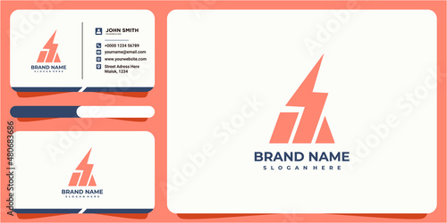 letter m thunder logo design vector with business card design. M light logo design