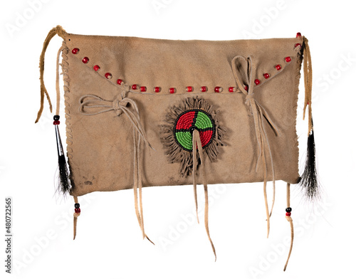 Bag of the North American Indians. Made from skin embroidered with colorful glass beads and leather cords