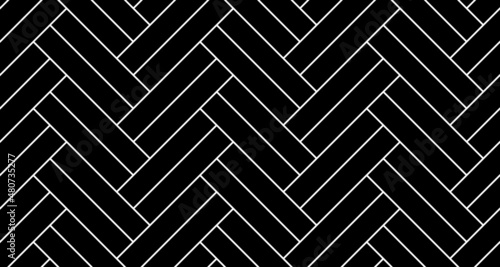 Black double herringbone parquet floor seamless pattern with diagonal panels. Vector wooden or brick wall texture. Modern interior background. Outline monochrome wallpaper.