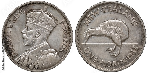 New Zealand silver coin 1 one florin 1933, bust of King George V left, kiwi bird, 