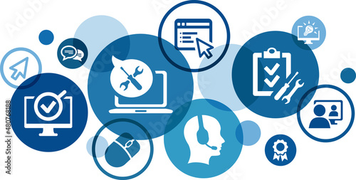 IT support vector illustration. Blue concept with icons related to IT helpdesk, hotline or helpline, remote or online tech support, technical assistance, specialist software support & service.