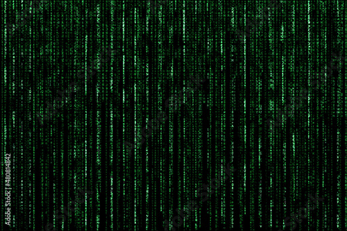 Matrix or metaverse concept with strings of green code written vertically on black background