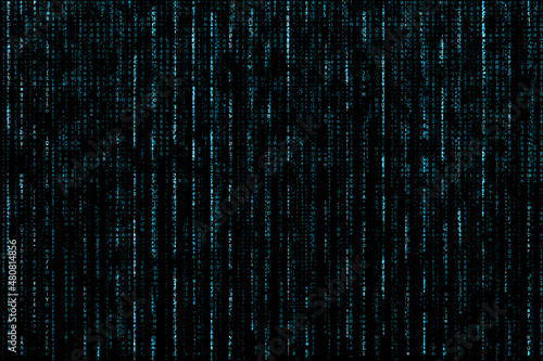 Matrix or metaverse concept with strings of turquoise code written vertically on black background