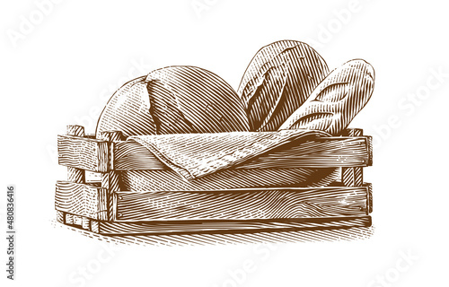 bread composition in basket Hand drawing sketch engraving illustration style
