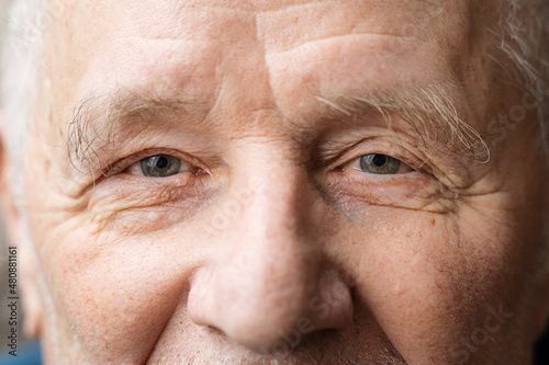Close up portrait of old smiling man looking at camera. He is open-eyed and cheerful. Smiling blue eyes of a happy senior man 