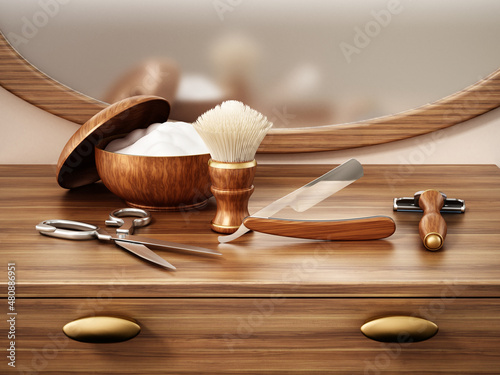 Retro shaving tools standing on barber shop counter. 3D illustration