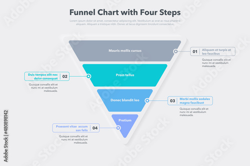 Funnel chart template with four colorful steps. Easy to use for your website or presentation.