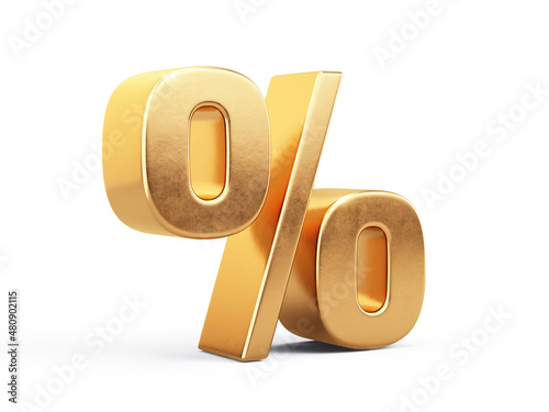 Gold percent sign isolated on white. % , percentage concept. 3d rendering