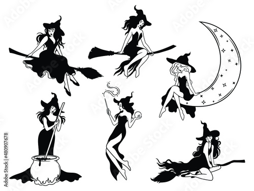 Set of silhouettes witches flying on a broomstick. Collection of sexy mythical characters for Halloween. Magic female in witch hat on moon. Vector illustration of scary personage. 