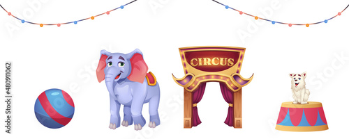 Cartoon set of circus elements with animals and entrance to cirque isolated on white background. Round stage with dog, elephant with ball and lighting garland for funny performance or carnival show.