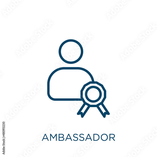 ambassador icon. Thin linear ambassador, brand, business outline icon isolated on white background. Line vector ambassador sign, symbol for web and mobile