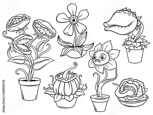 Set of monster flowers and plants. Collection of Halloween flower predatory. Spooky plants. Vector illustration of scary festive nature. Drawing with children.