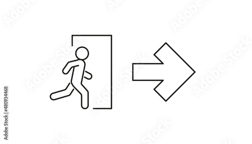 Emergency exit line, escape sign with arrow, exit person out door for protection. Man go out through door, warning sign. Vector illustration
