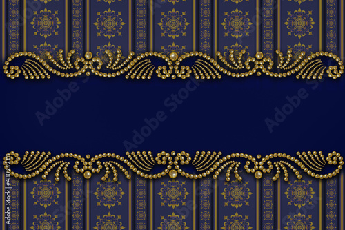 blue background with patterned border of golden pearl beads and copy space