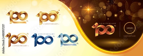 Set of 100th Anniversary logotype design, Hundred years anniversary celebration Logo, Twist Infinity multiple line golden