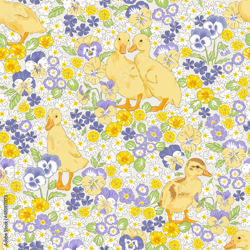 Cute duckling bird in Spring Bloomy garden with yellow and violet florals vector seamless pattern. Vintage romantic nature hand drawn print. Cottage core Easter aesthetic background.