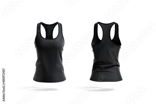 Blank black women racerback tanktop mockup, front and back view