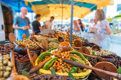 Olives on provencal street farmers market in Provence France