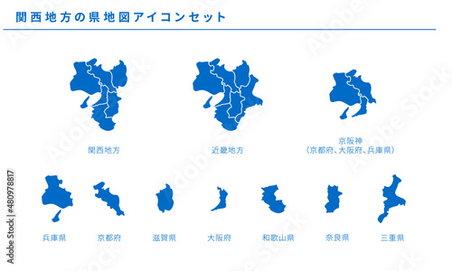 日本地図、関西地方の県地図アイコンセット、ベクター素材