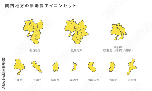 日本地図、関西地方の県地図アイコンセット、ベクター素材