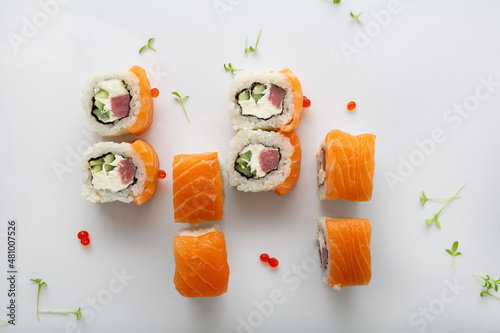 Asian food sushi with tuna fish and avocado