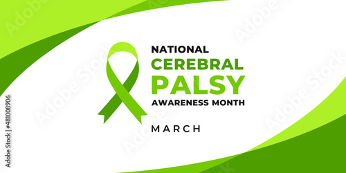 National Cerebral Palsy awareness month. Vector web banner, illustration, poster, card for social media. Text National Cerebral Palsy awareness month, march. A ribbon on green background.