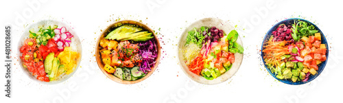 poke bowl salade watercolor hand drawn on white background isolated