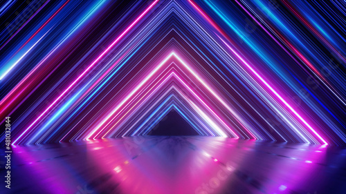 3d render, abstract neon background with colorful glowing lines, triangular geometric shape, empty stage