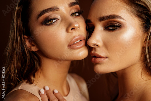 Beauty portrait of two beautiful young women with glowing glamour makeup and long wet hair. Aesthetic medicine concept.