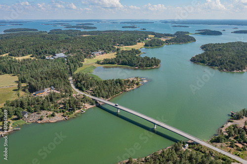 Finland. Porgas. Turku archipelago. July 12, 2021..View of the sea and the bridge over the archipelago islands in Turku. Seascape on a summer sunny day. the view from the top from the drone.