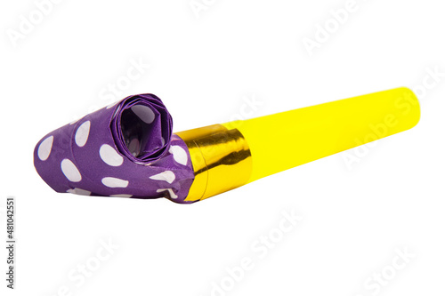 Party blowout noisemaker violet color dots horn isolated on the white background