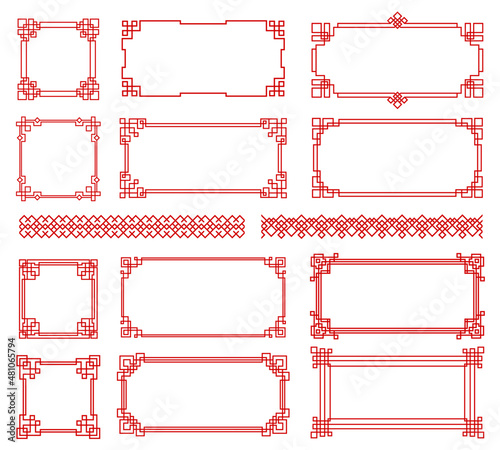 Red Asian red knot frames and borders. Korean, chinese and japanese knot vector embellishment. Chinese red pattern ornaments and asian oriental corner frames or geometric borders